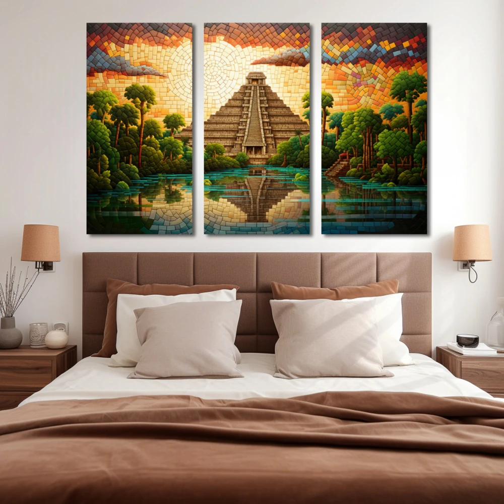 Wall Art titled: Sunset in Chichen Itza in a Horizontal format with: Yellow, Brown, and Green Colors; Decoration the Bedroom wall