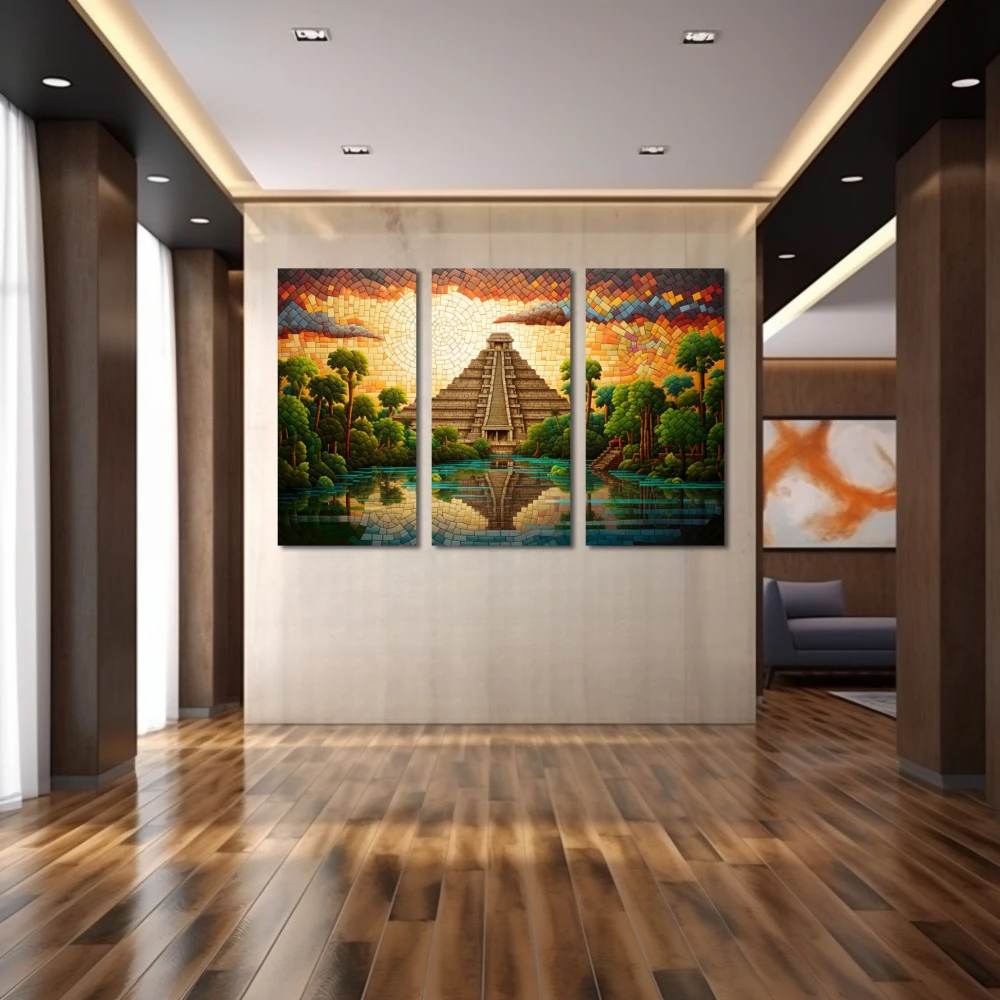 Wall Art titled: Sunset in Chichen Itza in a Horizontal format with: Yellow, Brown, and Green Colors; Decoration the Hallway wall