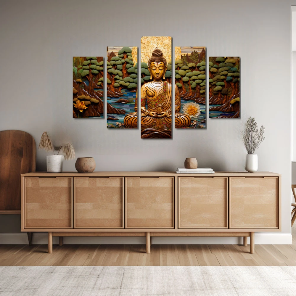 Wall Art titled: Transcending the Ego in a Horizontal format with: Yellow, Brown, and Green Colors; Decoration the Sideboard wall