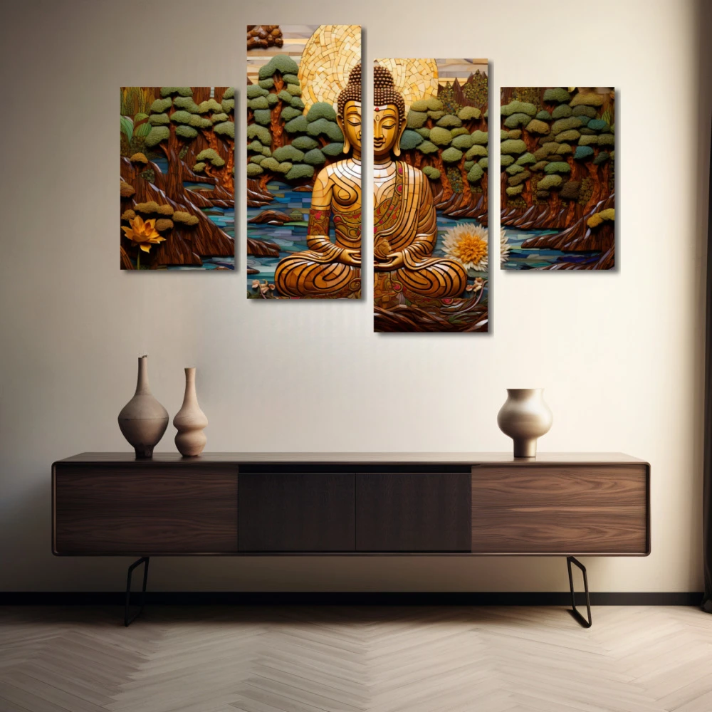 Wall Art titled: Transcending the Ego in a Horizontal format with: Yellow, Brown, and Green Colors; Decoration the Sideboard wall