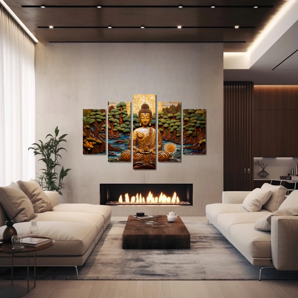 Wall Art titled: Transcending the Ego in a Horizontal format with: Yellow, Brown, and Green Colors; Decoration the Fireplace wall