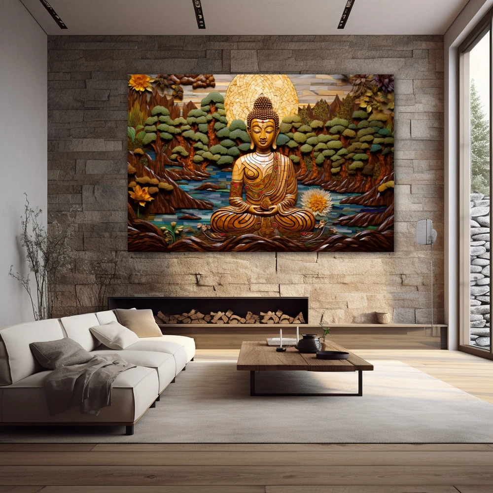 Wall Art titled: Transcending the Ego in a Horizontal format with: Yellow, Brown, and Green Colors; Decoration the Stone Walls wall