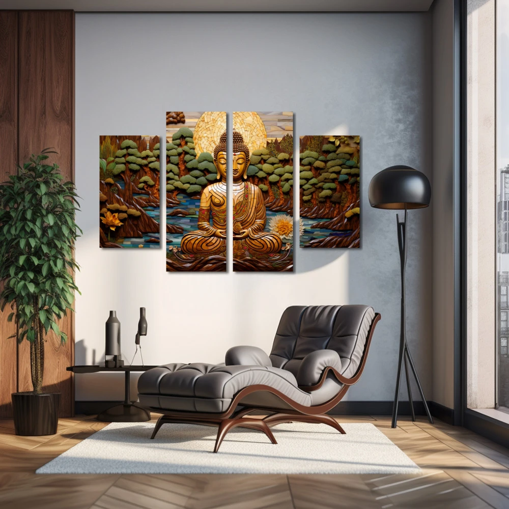 Wall Art titled: Transcending the Ego in a Horizontal format with: Yellow, Brown, and Green Colors; Decoration the Living Room wall