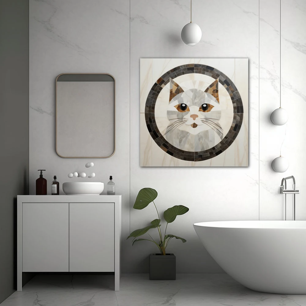 Cuadro sutileza felina en formato cuadrado con colores blanco, gris, marrón; decorando pared de baño