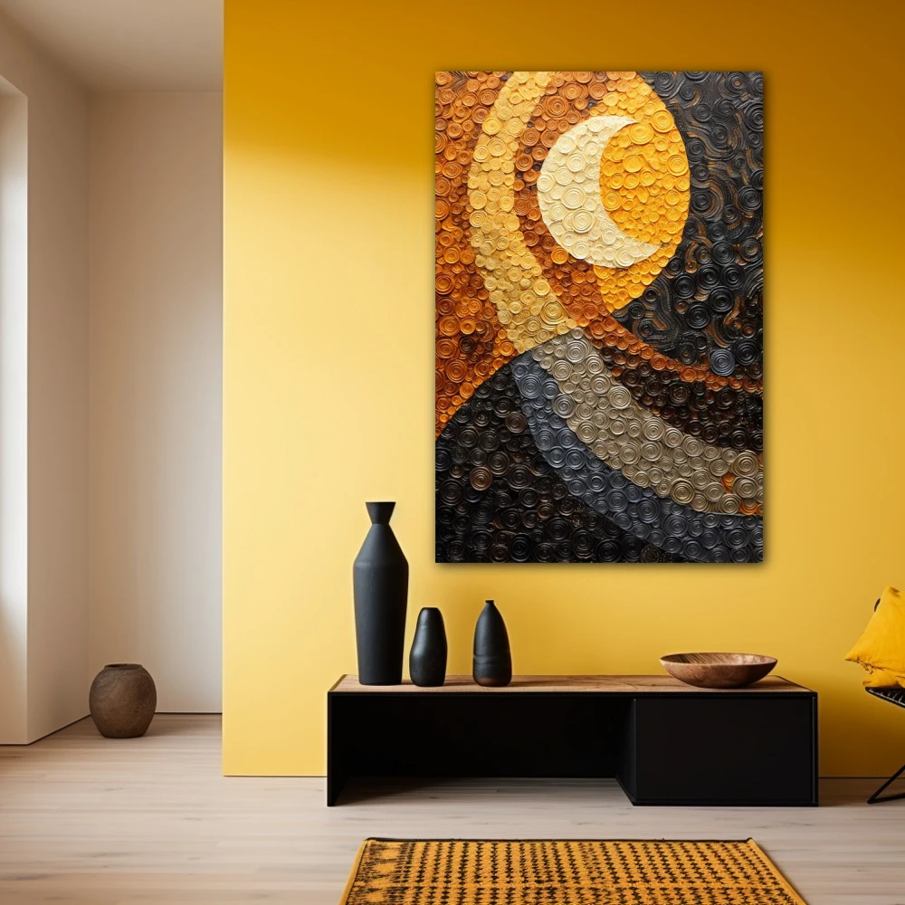 Cuadro sueños lunares en formato vertical con colores amarillo, gris, mostaza; decorando pared amarilla