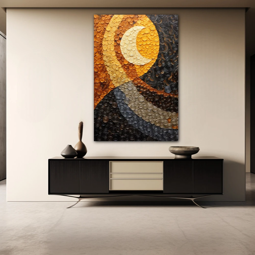 Wall Art titled: Moon Dreams in a Vertical format with: Yellow, Grey, and Mustard Colors; Decoration the Sideboard wall