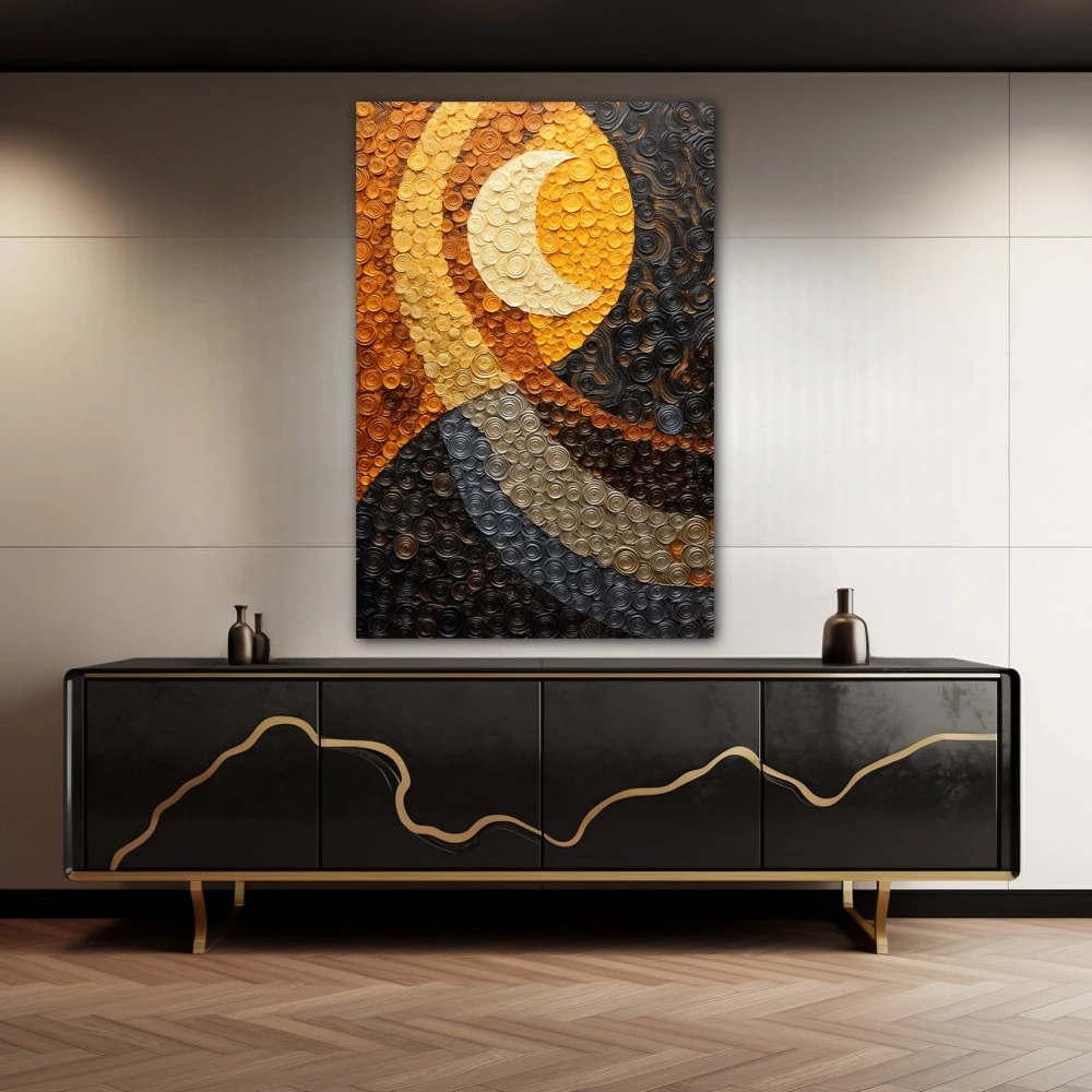 Wall Art titled: Moon Dreams in a Vertical format with: Yellow, Grey, and Mustard Colors; Decoration the Sideboard wall