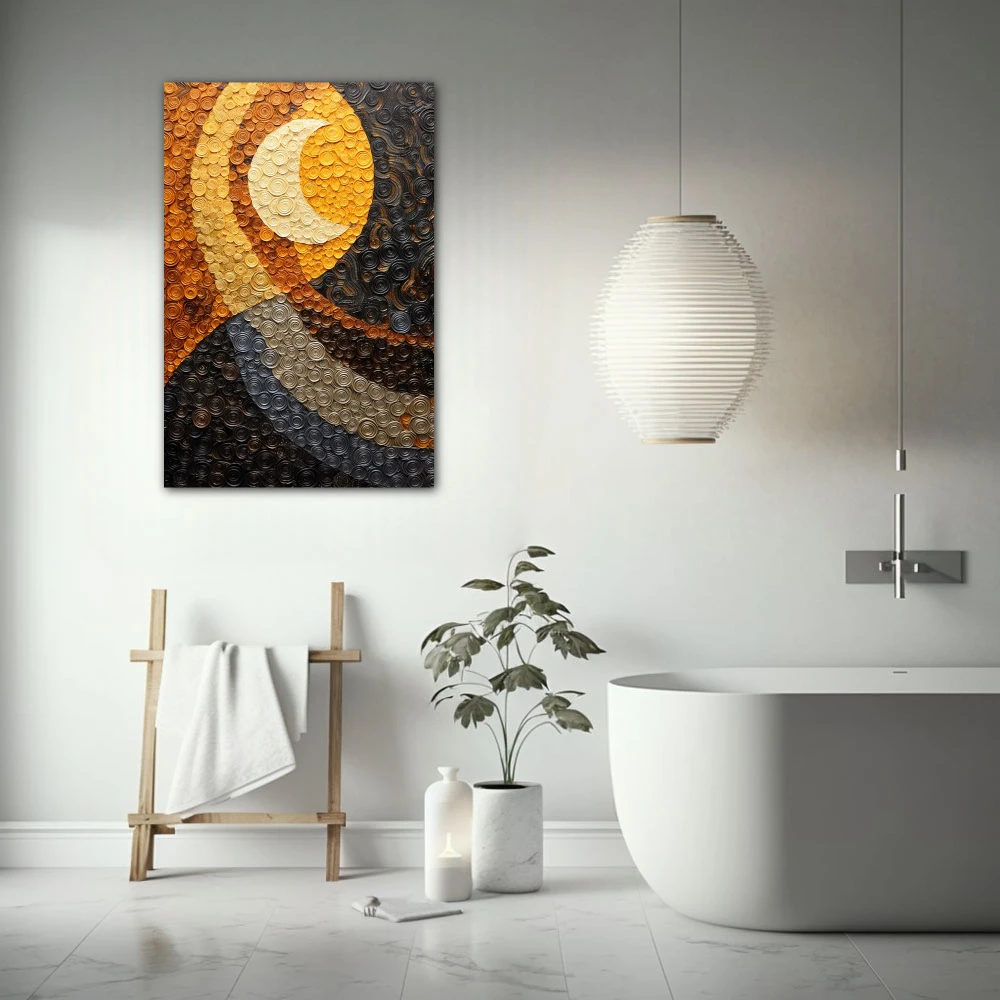 Cuadro sueños lunares en formato vertical con colores amarillo, gris, mostaza; decorando pared de baño