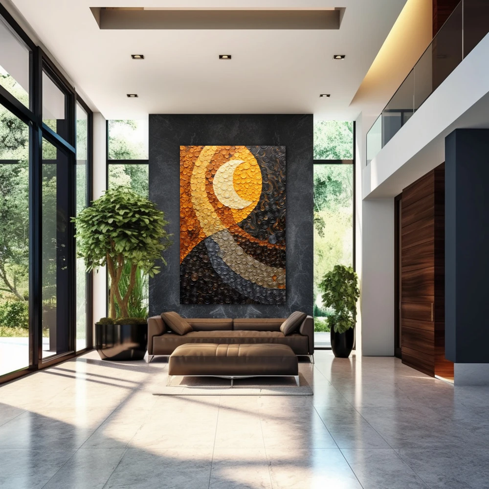 Wall Art titled: Moon Dreams in a Vertical format with: Yellow, Grey, and Mustard Colors; Decoration the Entryway wall