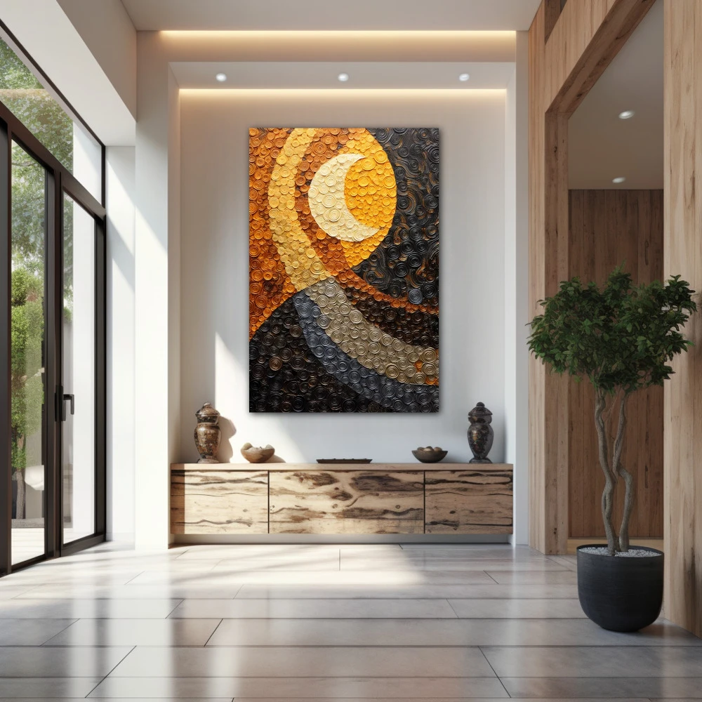 Wall Art titled: Moon Dreams in a Vertical format with: Yellow, Grey, and Mustard Colors; Decoration the Entryway wall