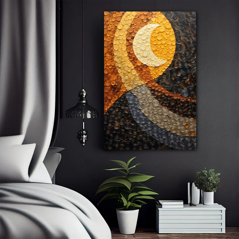 Wall Art titled: Moon Dreams in a Vertical format with: Yellow, Grey, and Mustard Colors; Decoration the Bedroom wall