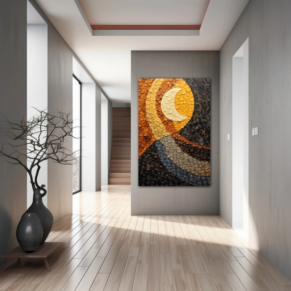 Cuadro sueños lunares en formato vertical con colores amarillo, gris, mostaza; decorando pared de pasillo