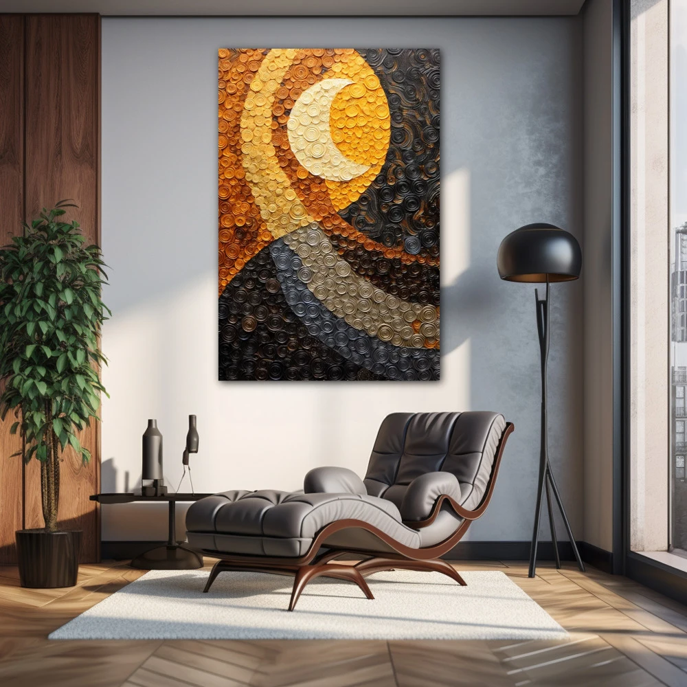 Wall Art titled: Moon Dreams in a Vertical format with: Yellow, Grey, and Mustard Colors; Decoration the Living Room wall