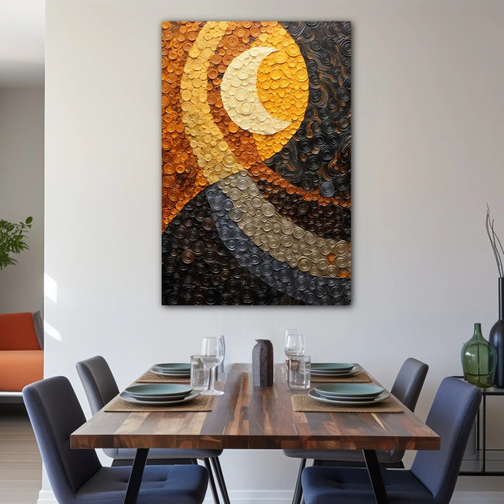 Cuadro sueños lunares en formato vertical con colores amarillo, gris, mostaza; decorando pared de salón comedor
