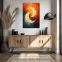 Wall Art titled: The Dance of the Moon in a Vertical format with: Blue, Orange, and Red Colors; Decoration the Sideboard wall