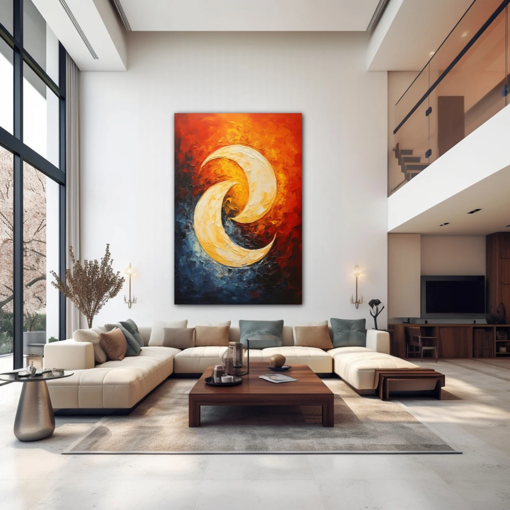 Wall Art titled: The Dance of the Moon in a Vertical format with: Blue, Orange, and Red Colors; Decoration the Above Couch wall