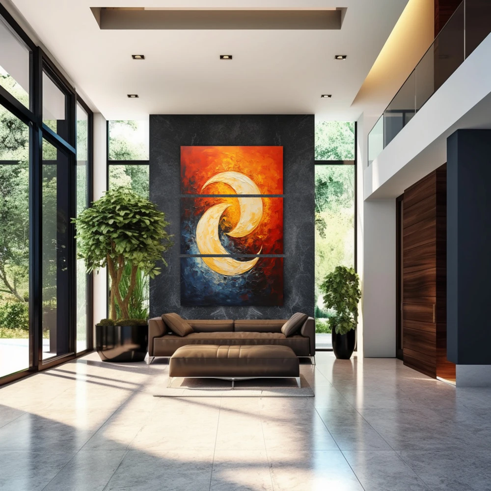Wall Art titled: The Dance of the Moon in a Vertical format with: Blue, Orange, and Red Colors; Decoration the Entryway wall