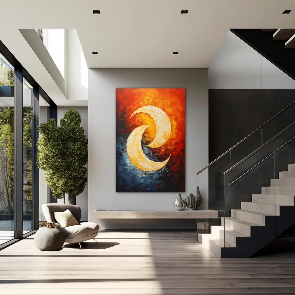 Wall Art titled: The Dance of the Moon in a Vertical format with: Blue, Orange, and Red Colors; Decoration the Staircase wall