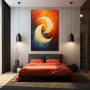 Wall Art titled: The Dance of the Moon in a Vertical format with: Blue, Orange, and Red Colors; Decoration the Bedroom wall