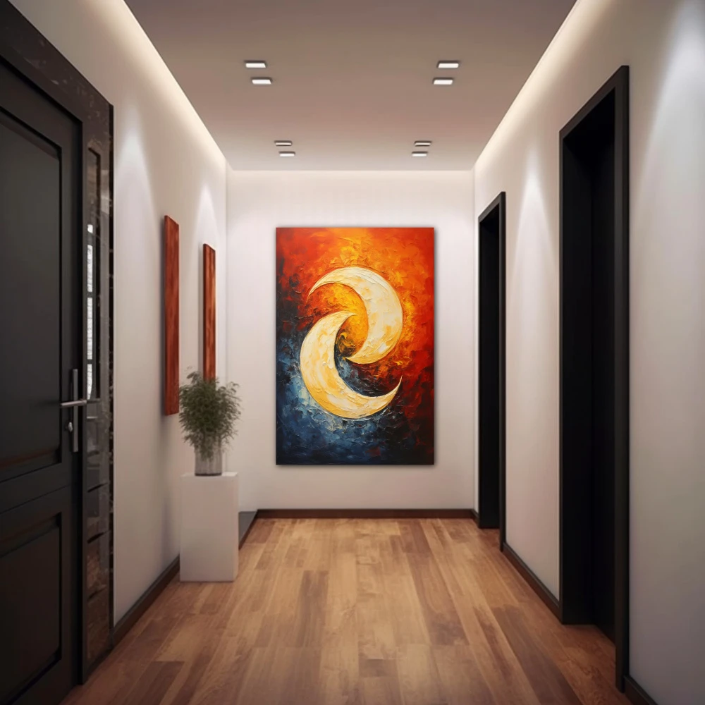Wall Art titled: The Dance of the Moon in a Vertical format with: Blue, Orange, and Red Colors; Decoration the Hallway wall