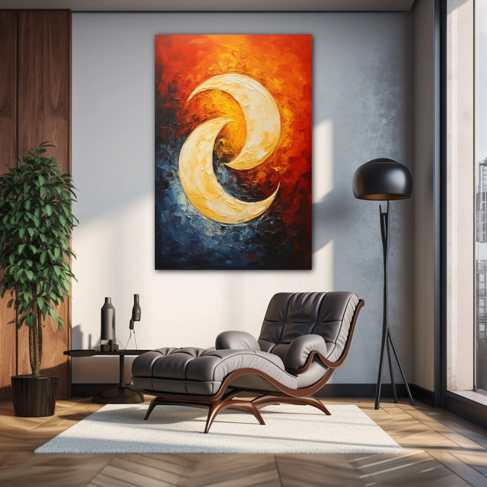 Wall Art titled: The Dance of the Moon in a Vertical format with: Blue, Orange, and Red Colors; Decoration the Living Room wall