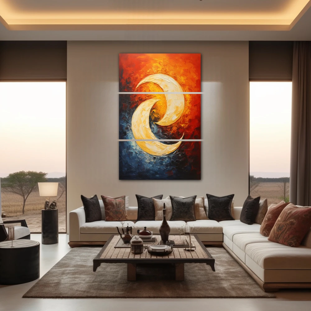 Wall Art titled: The Dance of the Moon in a Vertical format with: Blue, Orange, and Red Colors; Decoration the Living Room wall