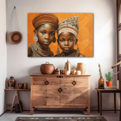 Wall Art titled: Childhood in the Savannah in a  format with: Brown, and Orange Colors; Decoration the Sideboard wall