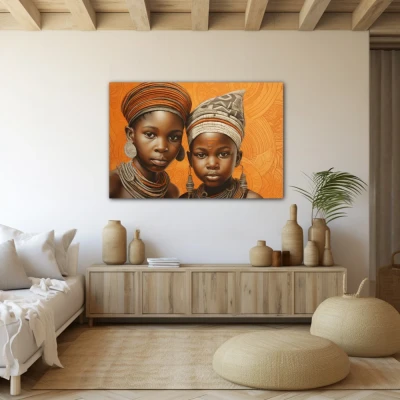 Wall Art titled: Childhood in the Savannah in a  format with: Brown, and Orange Colors; Decoration the Beige Wall wall