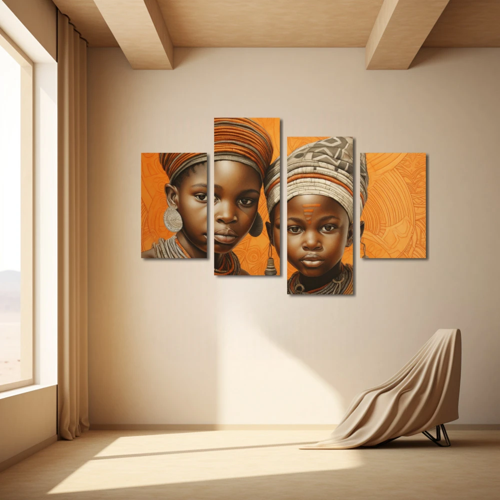 Cuadro infancia en la sabana en formato políptico con colores marrón, naranja; decorando pared beige
