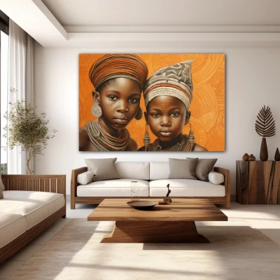 Wall Art titled: Childhood in the Savannah in a  format with: Brown, and Orange Colors; Decoration the White Wall wall