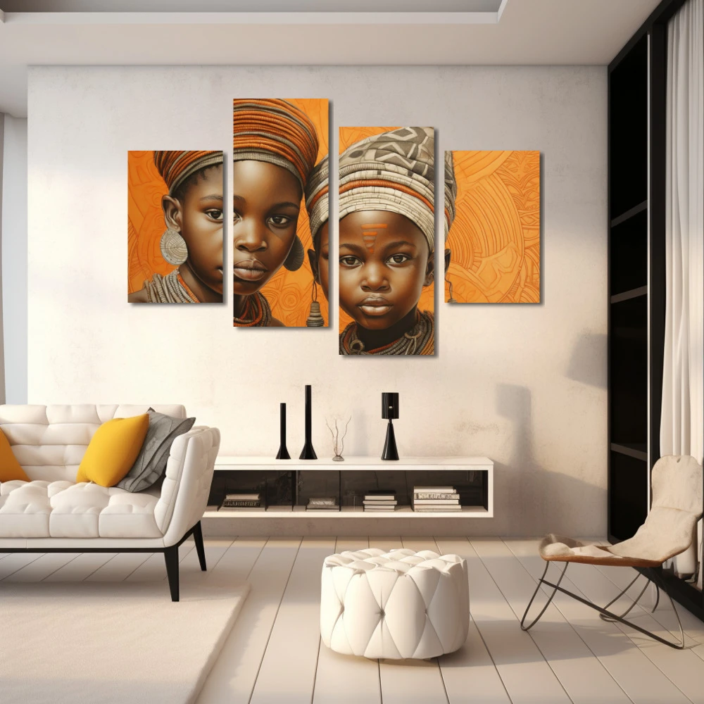 Cuadro infancia en la sabana en formato políptico con colores marrón, naranja; decorando pared blanca