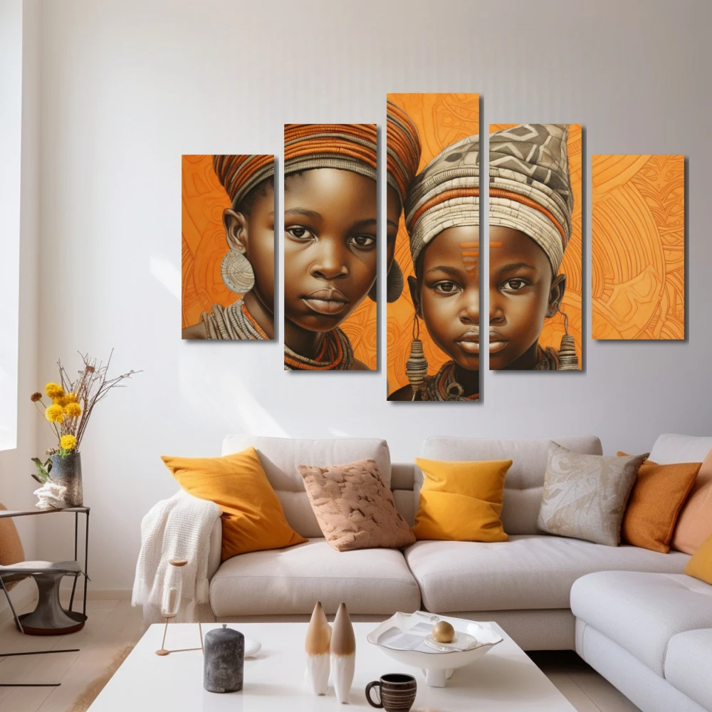 Wall Art titled: Childhood in the Savannah in a Horizontal format with: Brown, and Orange Colors; Decoration the White Wall wall