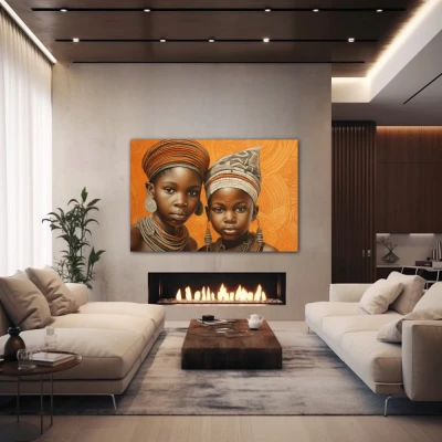 Wall Art titled: Childhood in the Savannah in a  format with: Brown, and Orange Colors; Decoration the Fireplace wall