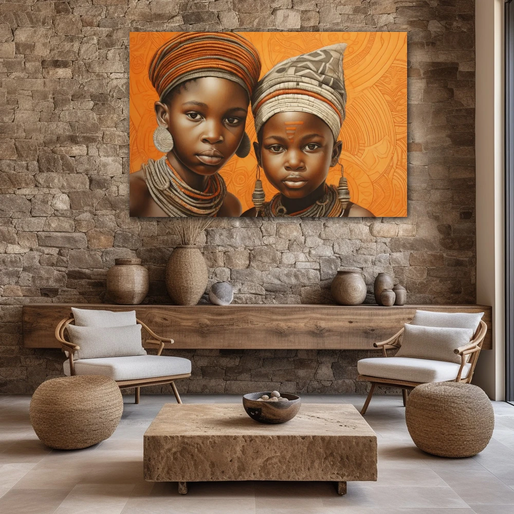 Cuadro infancia en la sabana en formato horizontal con colores marrón, naranja; decorando pared piedra