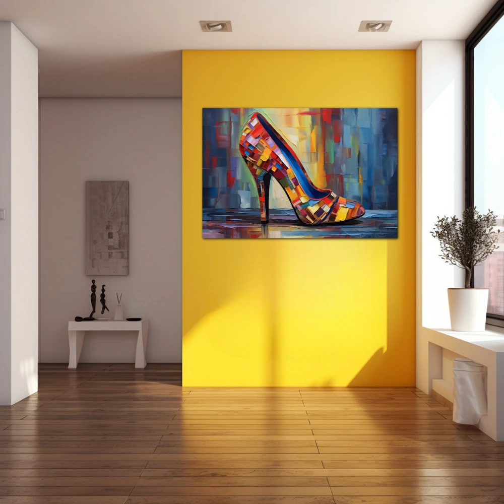 Cuadro cromática seducción en formato horizontal con colores rojo, turquesa; decorando pared amarilla