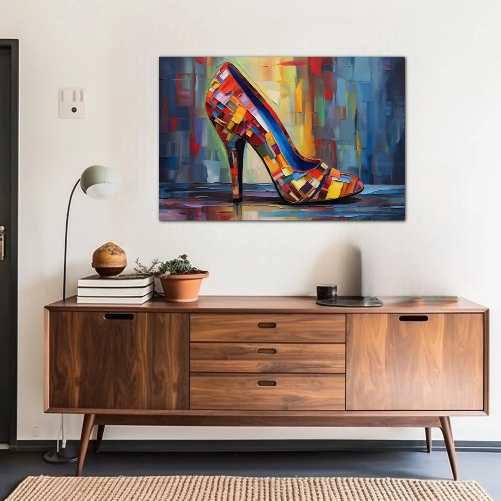 Wall Art titled: Chromatic Seduction in a Horizontal format with: Red, and Turquoise Colors; Decoration the Sideboard wall
