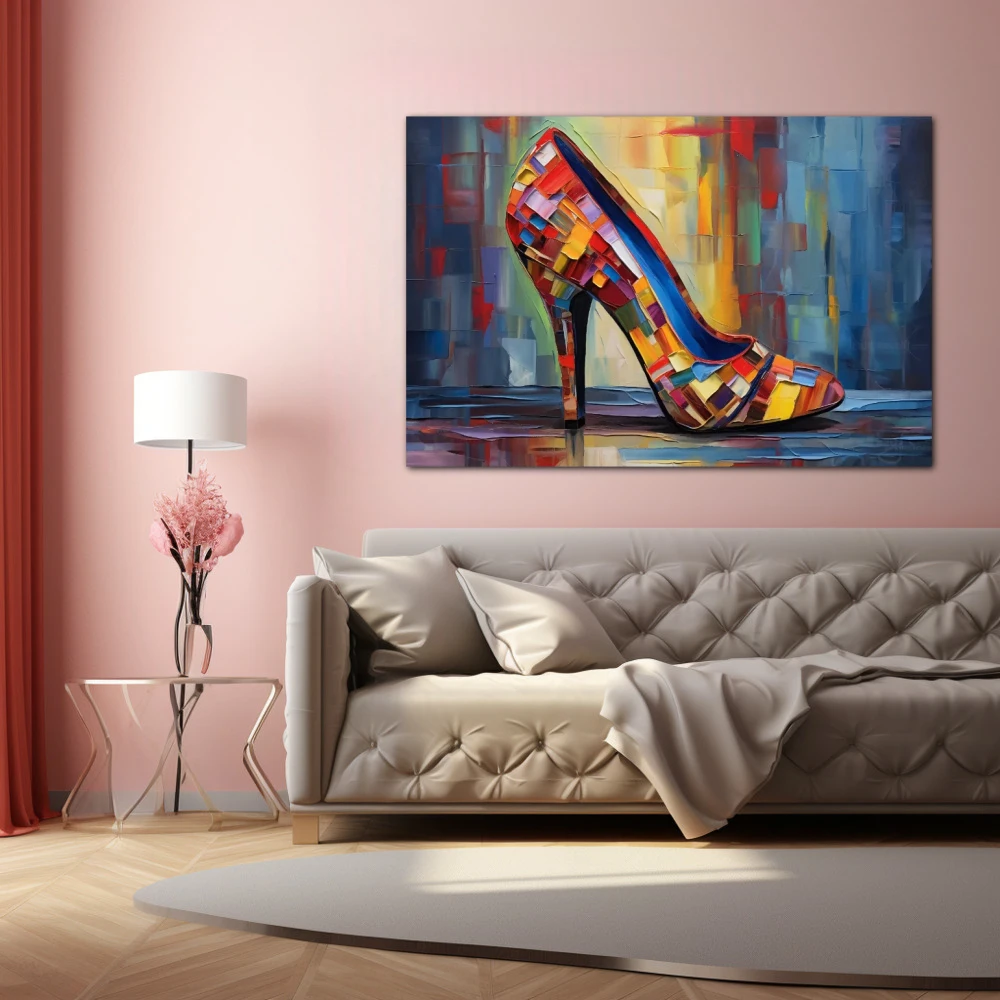 Wall Art titled: Chromatic Seduction in a Horizontal format with: Red, and Turquoise Colors; Decoration the Above Couch wall