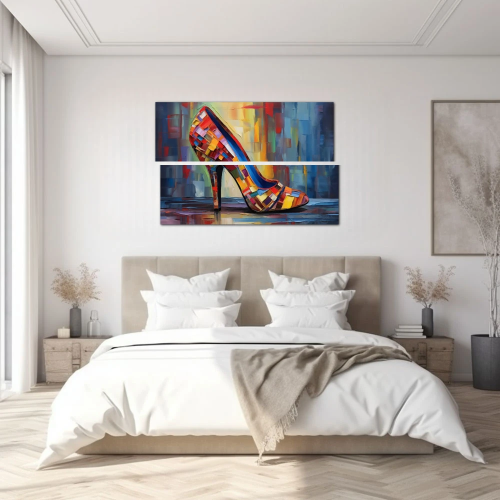 Wall Art titled: Chromatic Seduction in a Horizontal format with: Red, and Turquoise Colors; Decoration the Bedroom wall