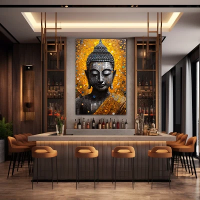 Wall Art titled: Calm in the Storm in a Vertical format with: Golden, and Grey Colors; Decoration the Bar wall