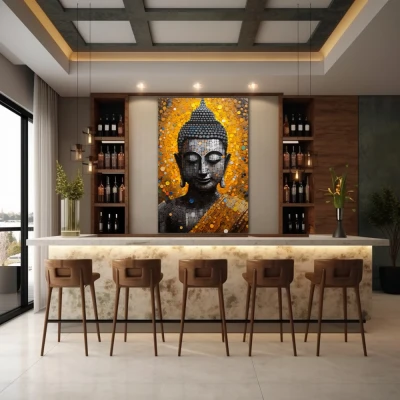 Wall Art titled: Calm in the Storm in a Vertical format with: Golden, and Grey Colors; Decoration the Bar wall