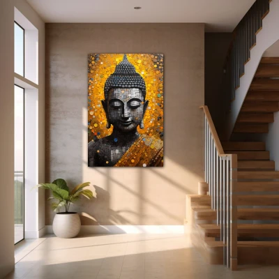 Wall Art titled: Calm in the Storm in a Vertical format with: Golden, and Grey Colors; Decoration the Staircase wall