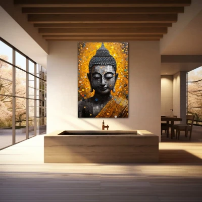 Wall Art titled: Calm in the Storm in a Vertical format with: Golden, and Grey Colors; Decoration the Wellbeing wall