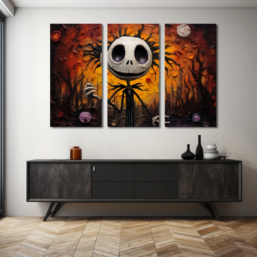 Cuadro retrato de un alma inquietante en formato tríptico con colores blanco, mostaza, negro; decorando pared de aparador