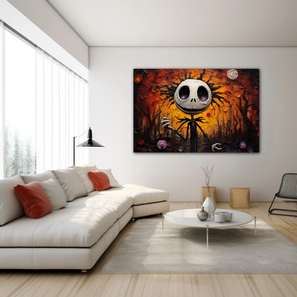 Cuadro retrato de un alma inquietante en formato horizontal con colores blanco, mostaza, negro; decorando pared blanca