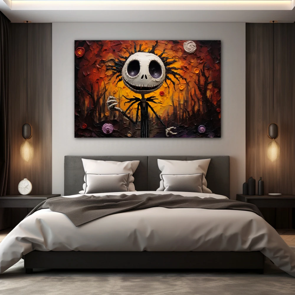 Cuadro retrato de un alma inquietante en formato horizontal con colores blanco, mostaza, negro; decorando pared de habitación dormitorio