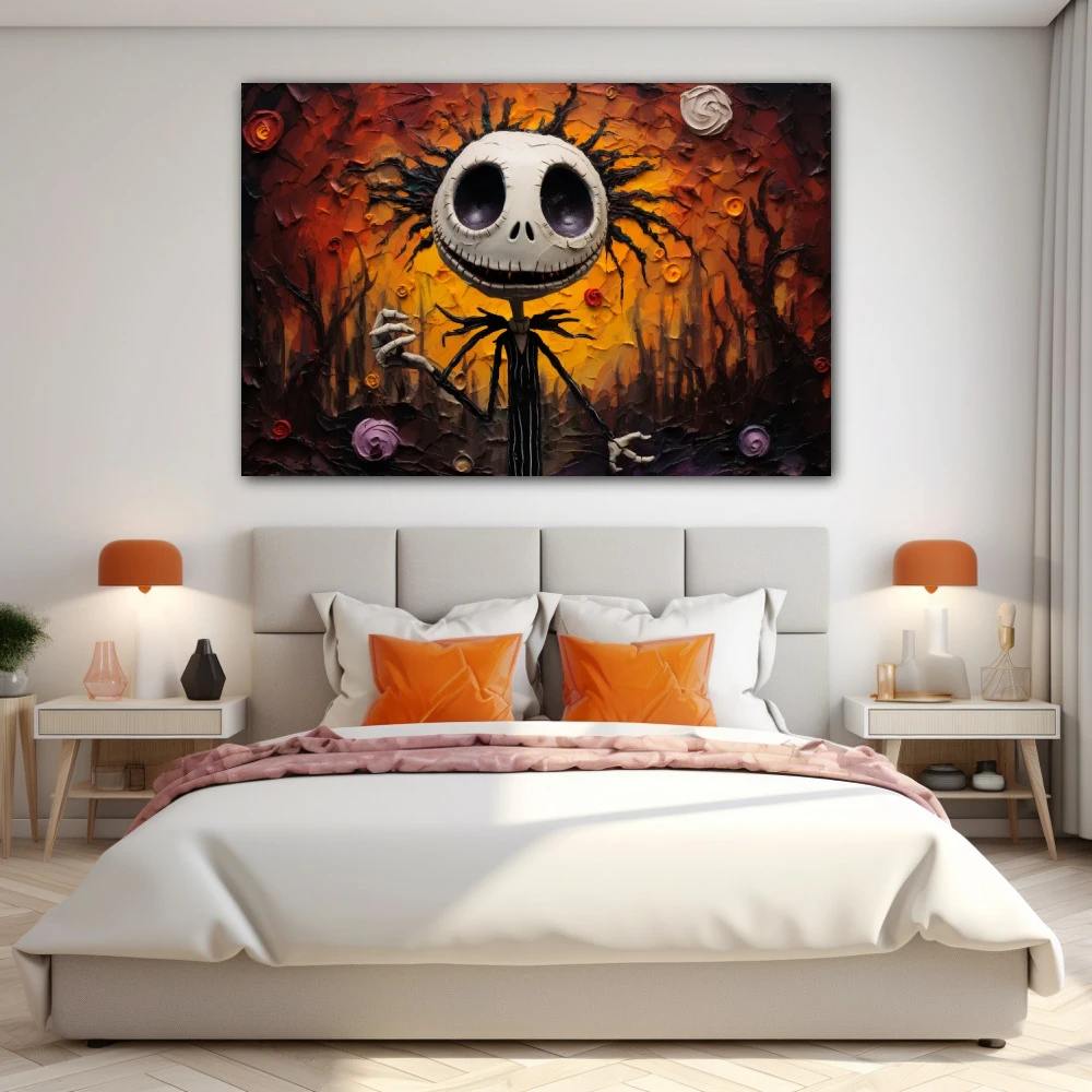 Cuadro retrato de un alma inquietante en formato horizontal con colores blanco, mostaza, negro; decorando pared de habitación dormitorio