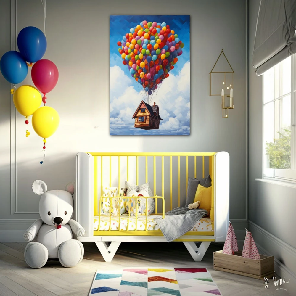 Cuadro la casa de tus sueños en formato vertical con colores amarillo, azul, rojo; decorando pared de dormitorio bebe