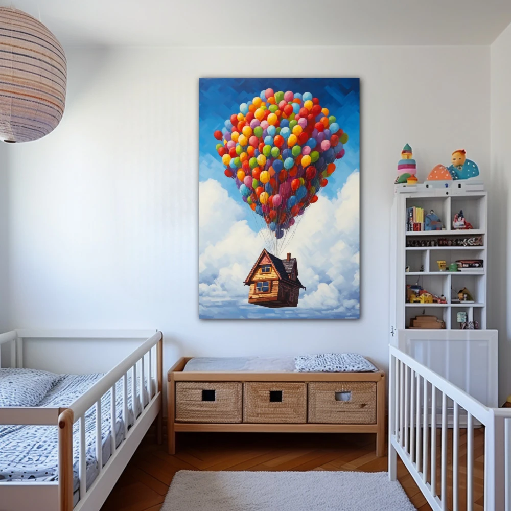 Cuadro la casa de tus sueños en formato vertical con colores amarillo, azul, rojo; decorando pared de dormitorio infantil