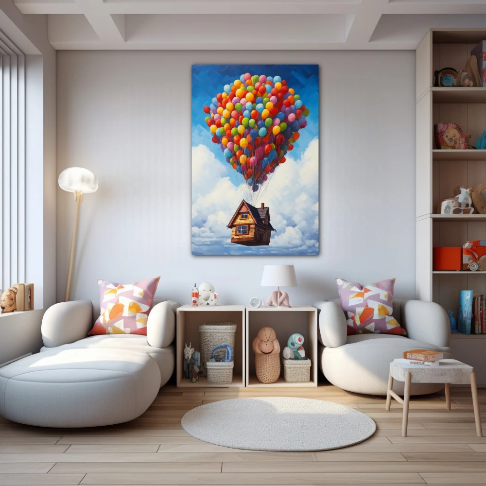 Wall Art titled: The House of Your Dreams in a Vertical format with: Yellow, Blue, and Red Colors; Decoration the Nursery wall