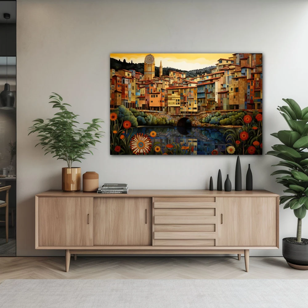 Wall Art titled: Girona M'enamora in a Horizontal format with: Yellow, Red, and Green Colors; Decoration the Sideboard wall